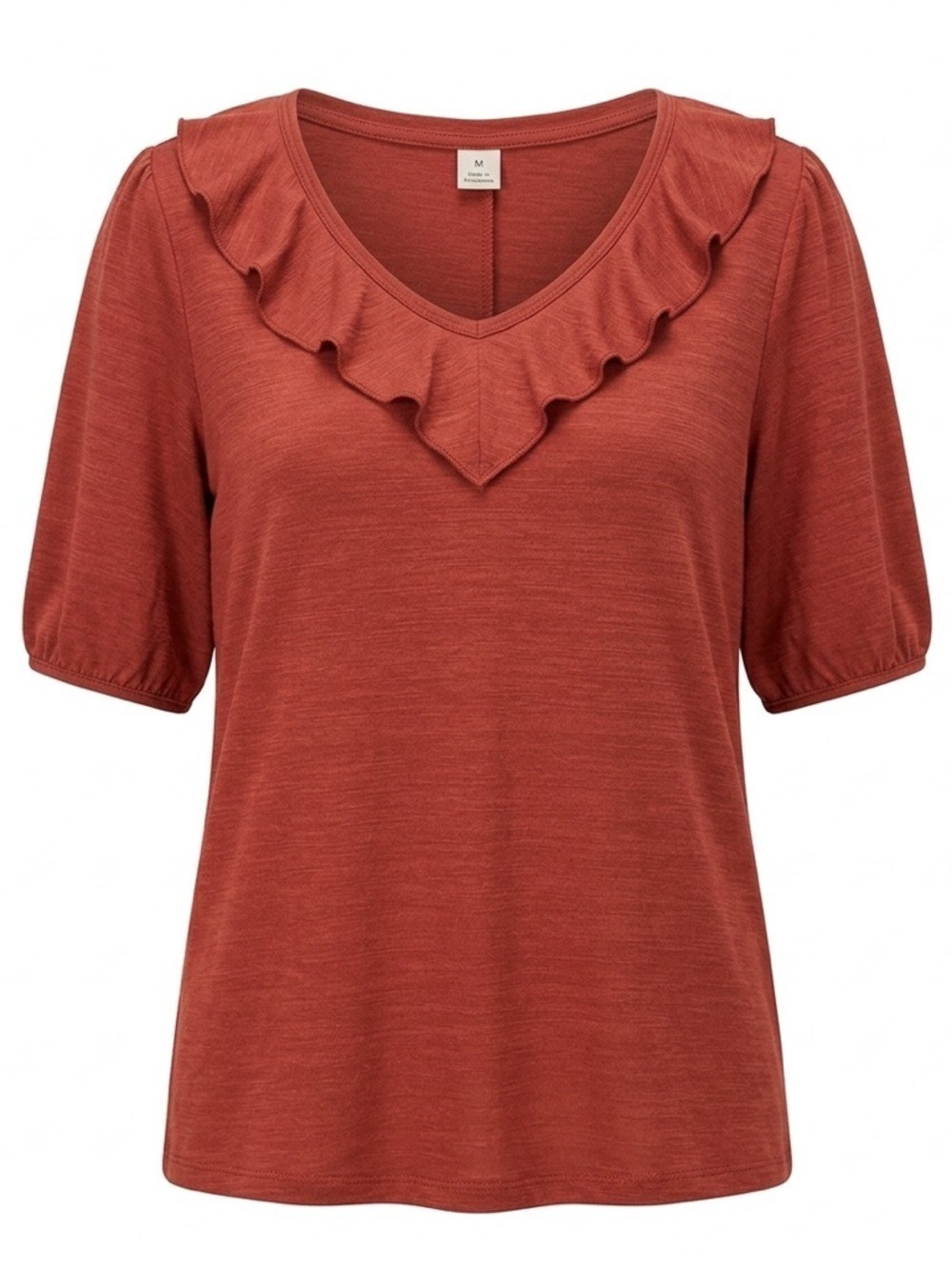 Beacon Apparel Red Ruffle Neck Blouse Puff Sleeve Top Rayon Stretch Large